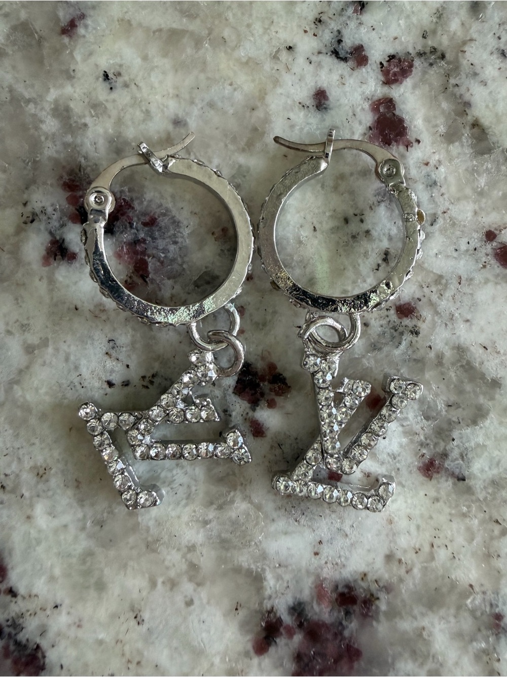 Crystal Logo Dangle Hoop Earrings - Silver